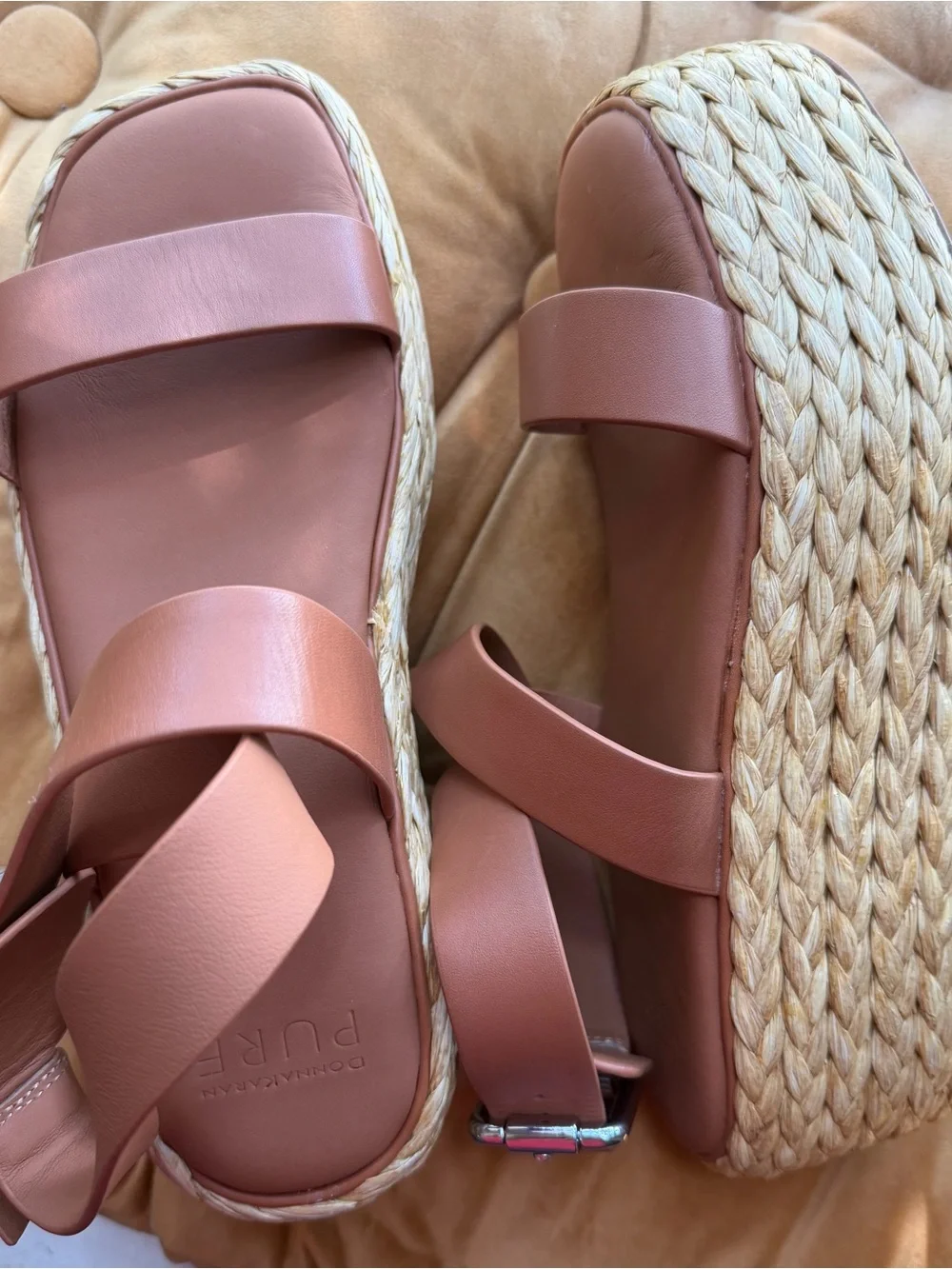 Donna Karan Brown Leather Espadrille Platform Sandals